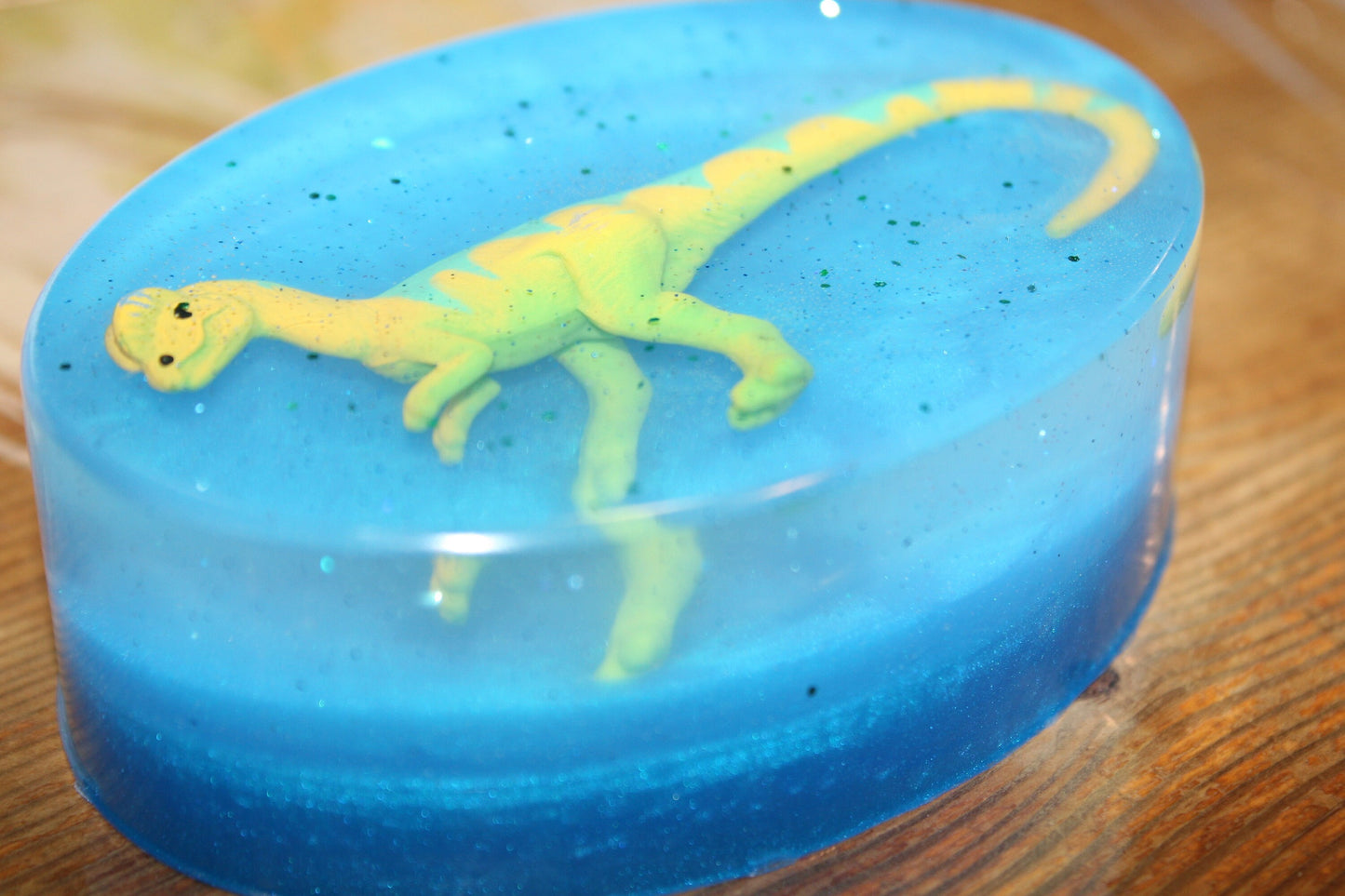 Dinosaur Soap, transparent soap with Toy Dinosaur,Birthday Gift soap, colourful dinosaur, handmade on Vancouver Island,Victoria, B.C. Canada