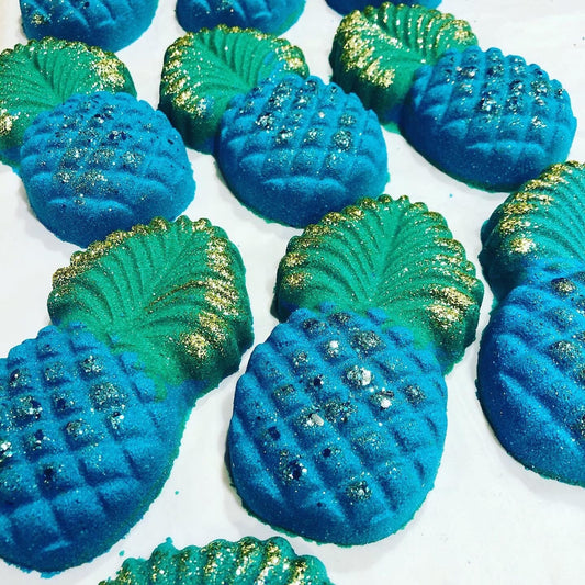 Blue Hawaiian Pineapple/Bath Bomb/Lime/Frankincense/Neroli/Biodegradable Glitter//Apricot Kernel Oil/Handmade in Victoria, B.C. Canada